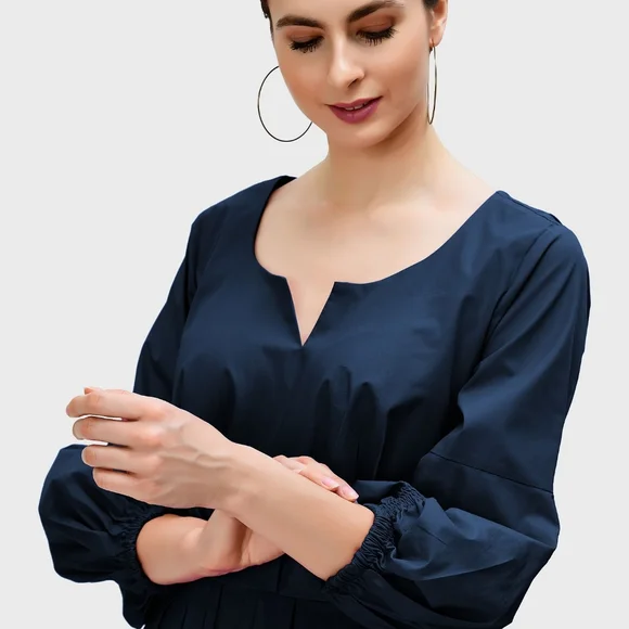 Eshakti Dress Bishop Sleeve Cotton Poplin Pleated Navy Blue Modest Classic Midi - Picture 2 of 15